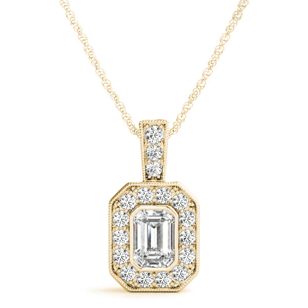 1.00 ct Emerald cut and Round cut Diamond Halo Pendant 18K Gold - simonbjewels.co