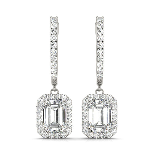 1.35 Carat F-VS Emerald cut Diamond Halo Drop Earrings set in 14k White Gold - simonbjewels.co