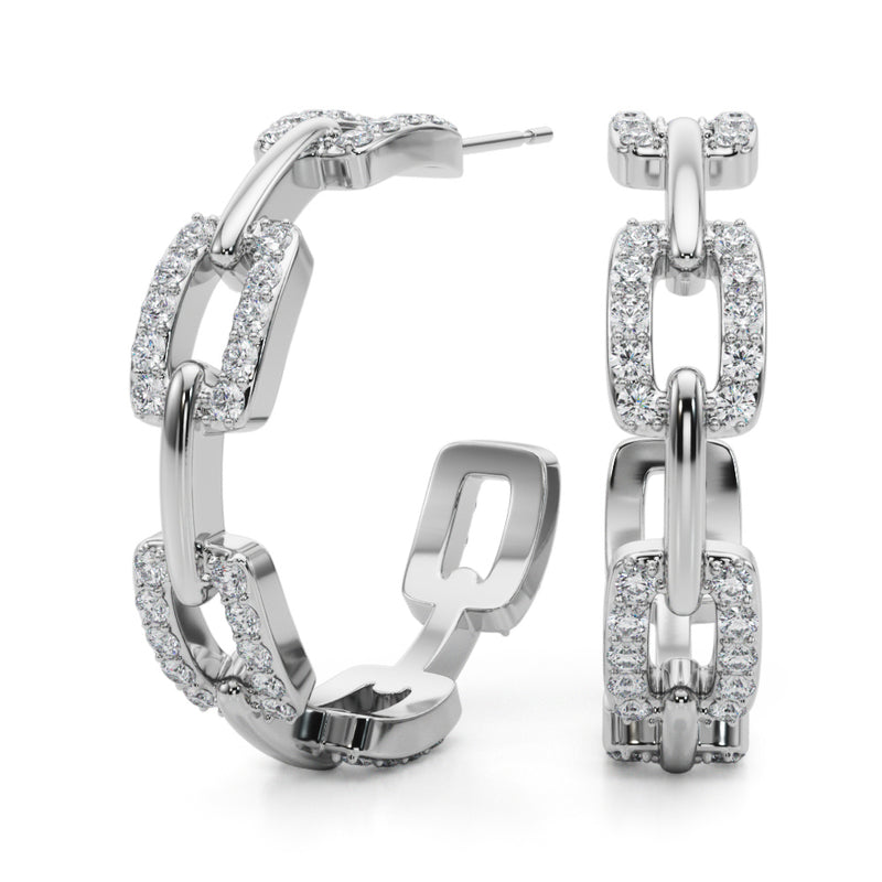 1/2 ct tw Round cut Diamond Pave Chain Link Hoop Earrings  18K White Gold - simonbjewels.co