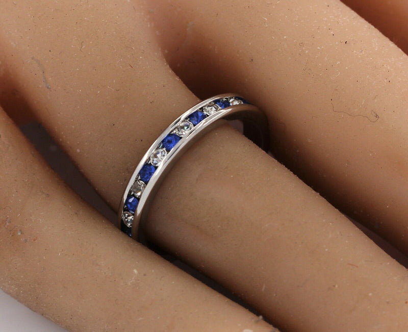 Round Cut Sapphire & Stimulated Diamond Channel Wedding Band Anniversary Ring - simonbjewels.co