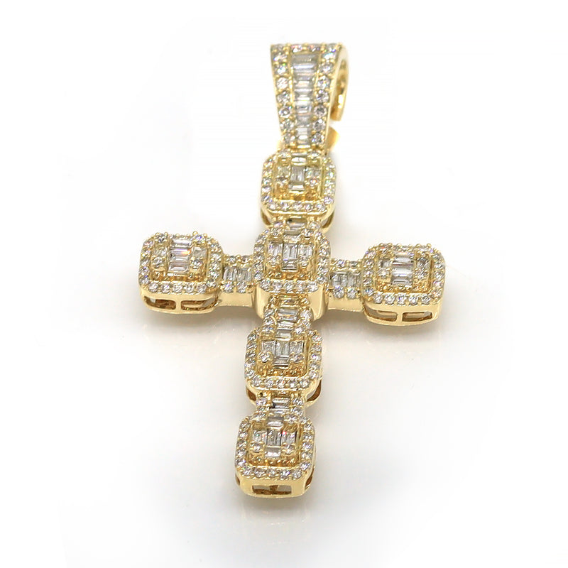 unisex diamond cross custom pendant 14k solid yellow gold round-cut baguette-cut prong setting diamond bale 3'' long 2'' wide 