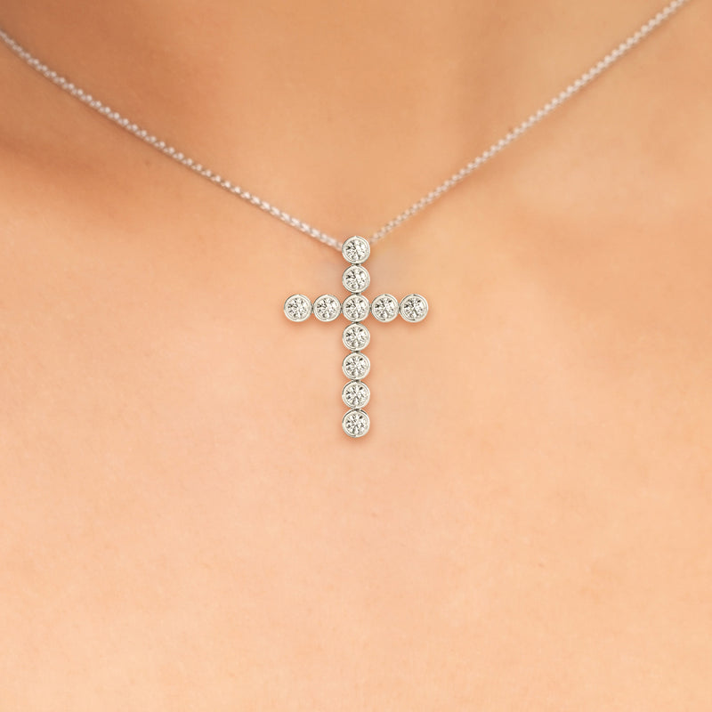 1.00 Carat Round cut Diamond Bezel set Cross Pendant Necklace in 14K White Gold - simonbjewels.co