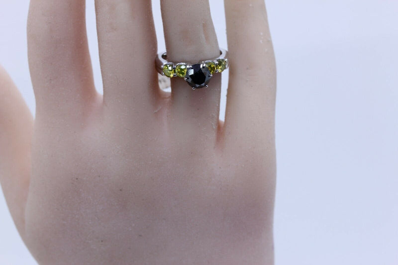 natural 1.00ct center black diamond with yellow side diamond ring 14k white gold - simonbjewels.co