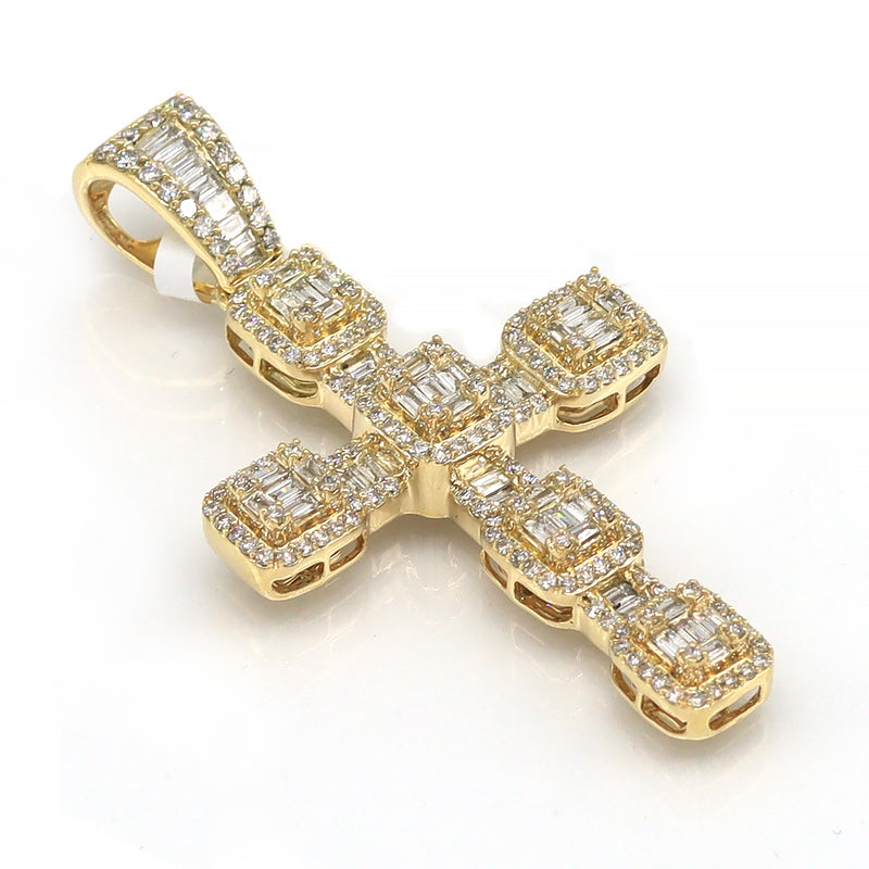 side view unisex diamond cross custom pendant 14k solid yellow gold round-cut baguette-cut prong setting diamond bale 3'' long 2'' wide 