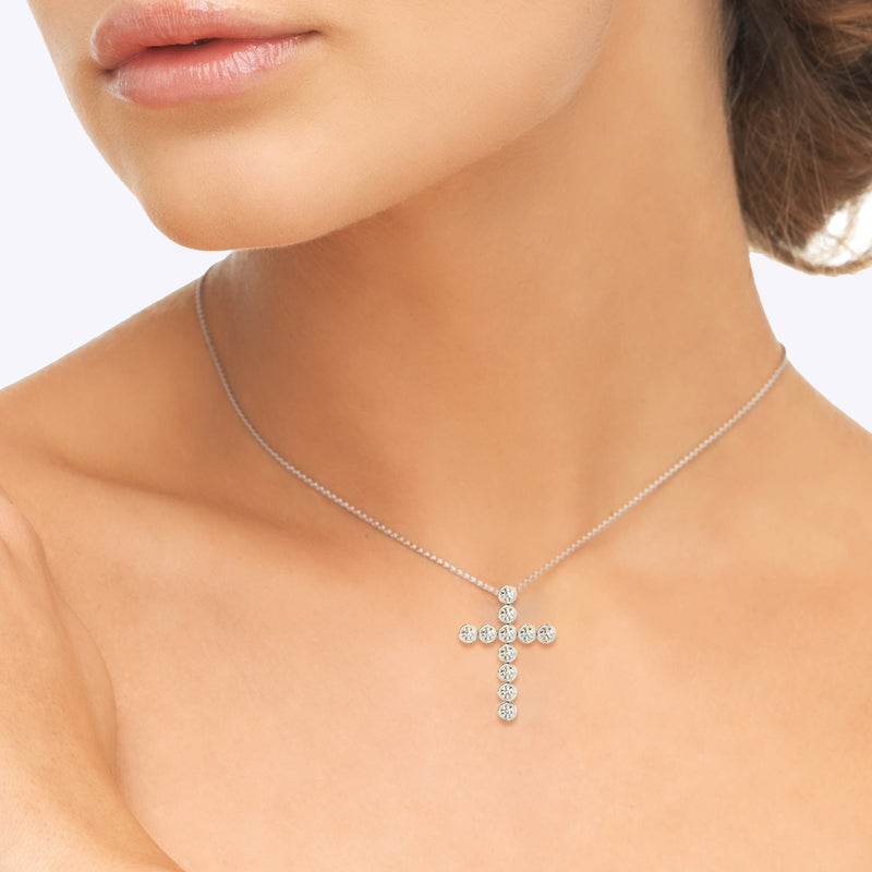 1.00 Carat Round cut Diamond Bezel set Cross Pendant Necklace in 14K White Gold - simonbjewels.co