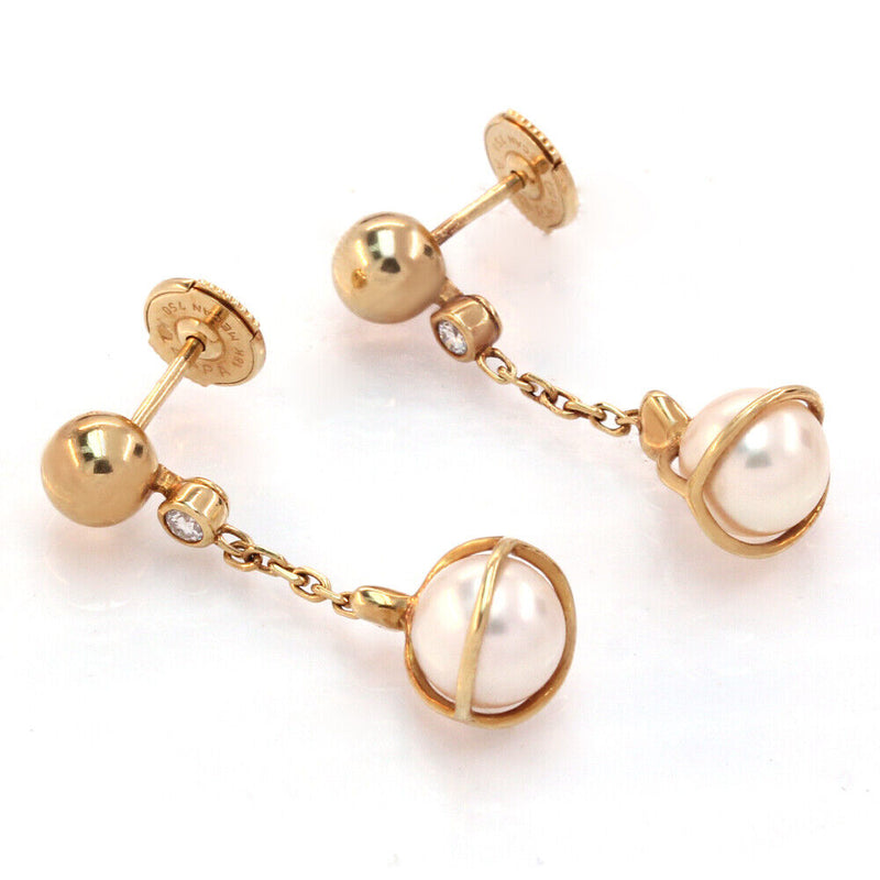 Cartier 18k Yellow Gold Diamond & Pearl Drop Earrings Circa 90's - simonbjewels.co