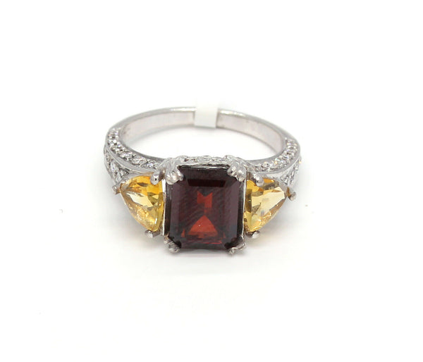 Garnet citrine three-stoner vintage diamond filigree ring 0.50ct 14k white gold - simonbjewels.co