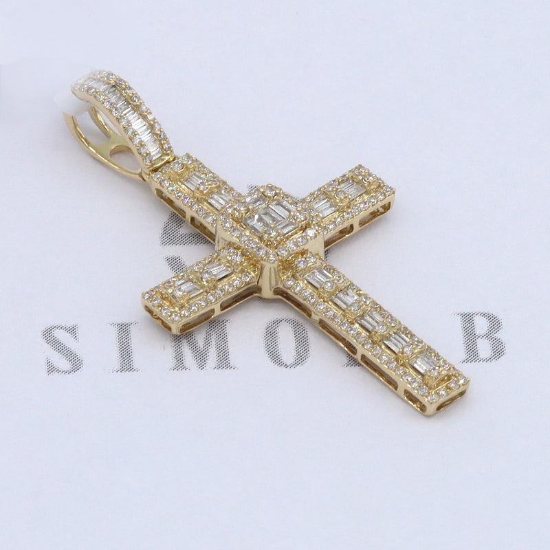 1.31 Carat F-VS Natural Round & Baguette Diamond Cross Pendant Solid 14k Gold - simonbjewels.co