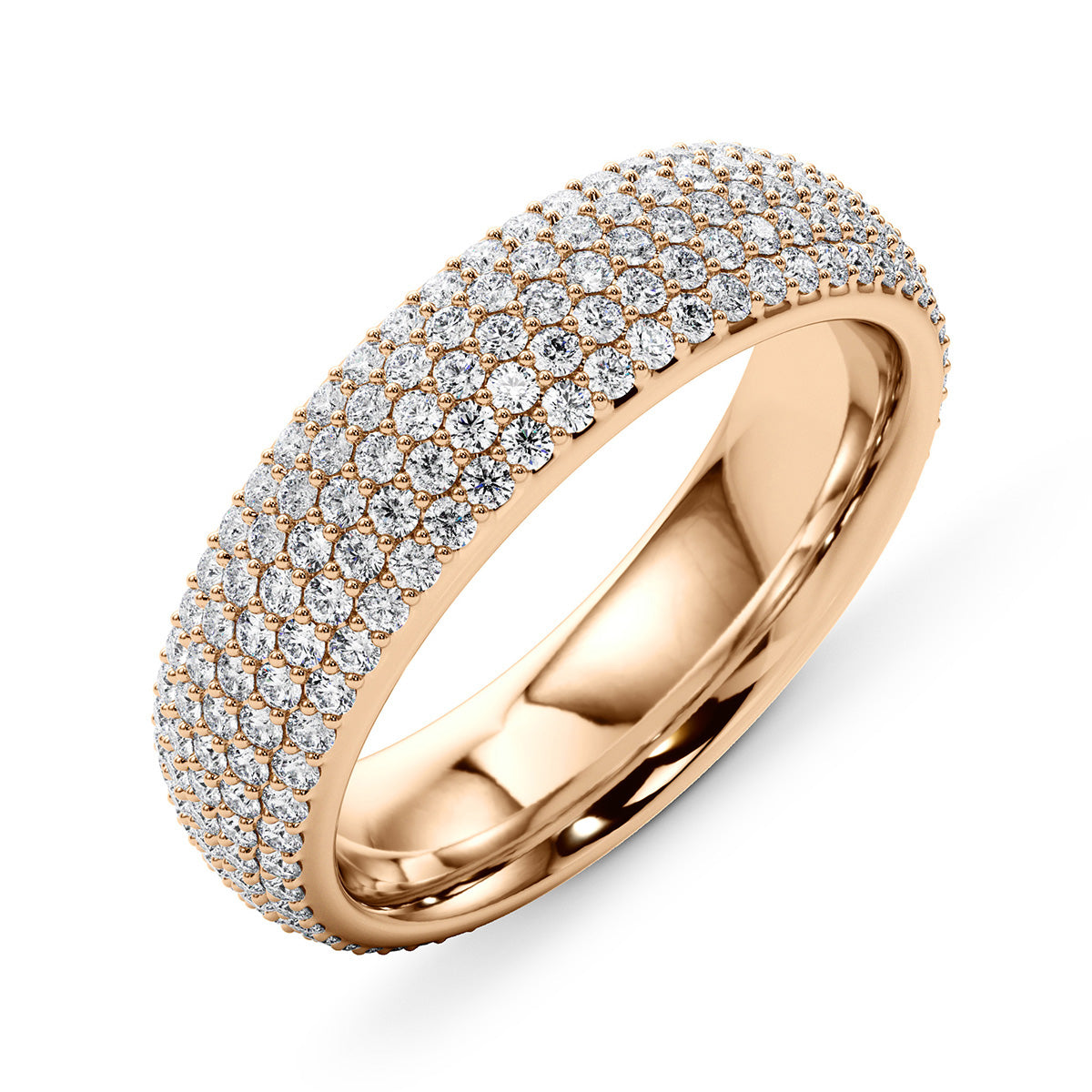 Angled view of micro pave diamond wedding band in rose gold
