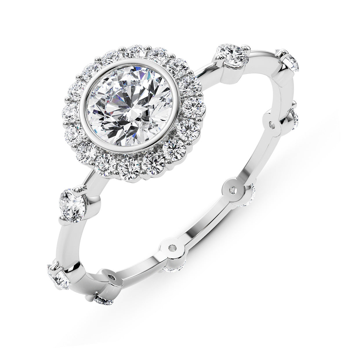 Close-up angled view of bezel halo lab grown diamond ring with 0.50ct side diamonds and detailed 14K gold band.