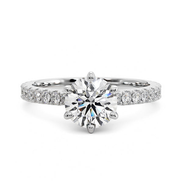 2.00ct Round Brilliant 6 Prong  Micropavé Diamond Engagement Ring Setting (0.30ctw) In 14k White Gold - simonbjewels.co