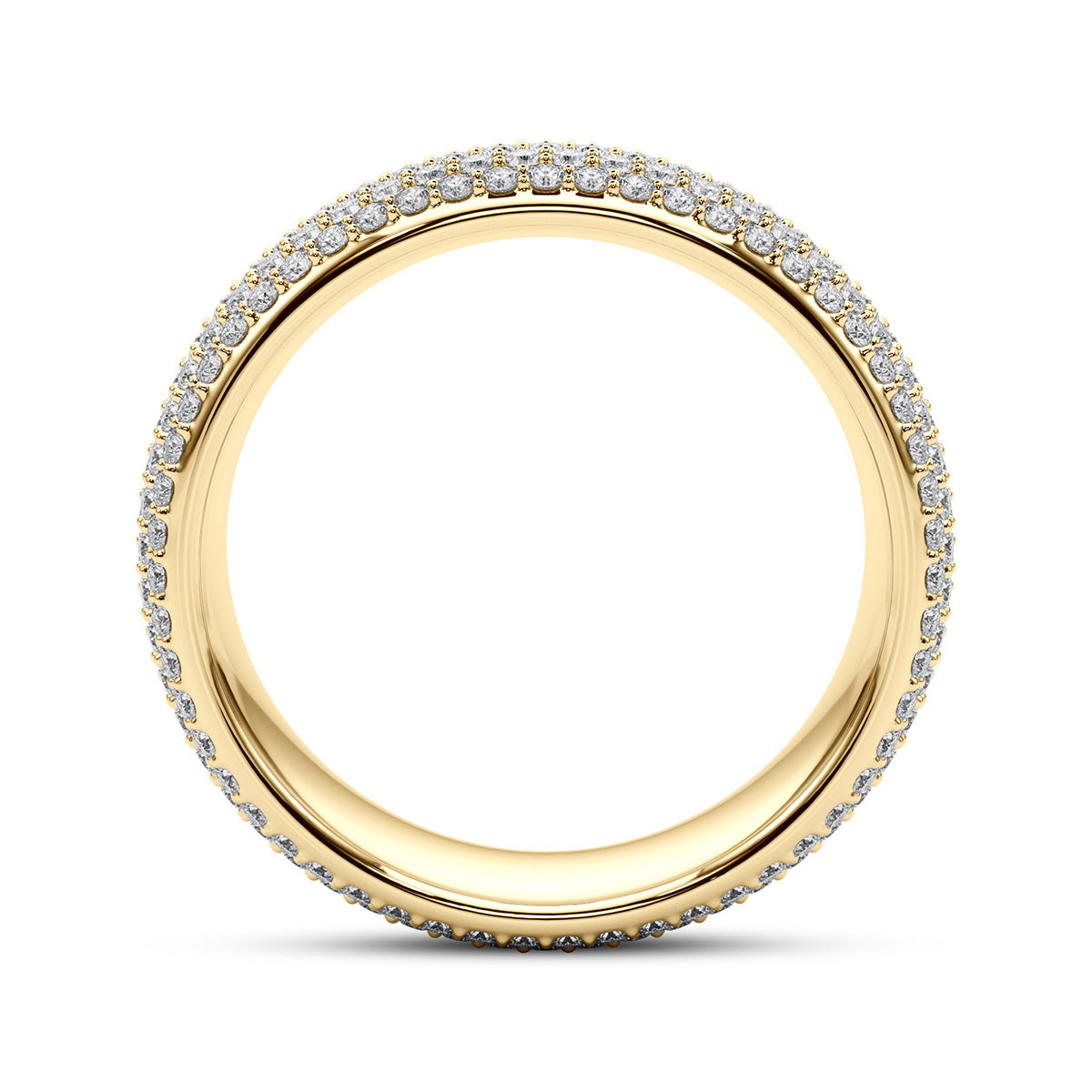 Inside view of micro pave diamond wedding band in yellow gold