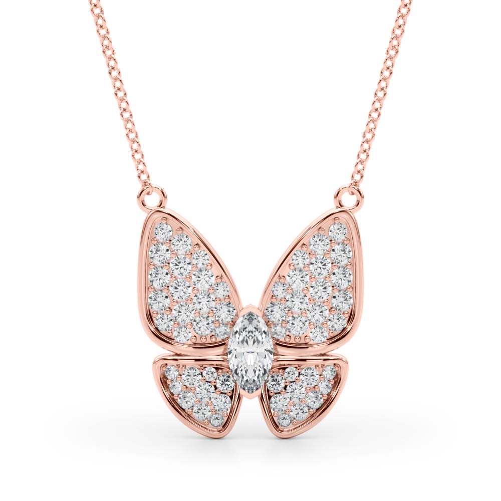 Marquise diamond butterfly necklace in 14k white gold, featuring intricate details and sparkling diamonds.
