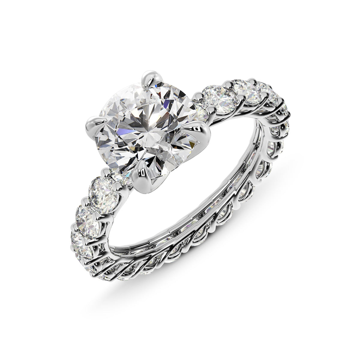 Profile view of 14K gold engagement ring featuring IGI certified 2.00ct lab grown diamond and detailed band.