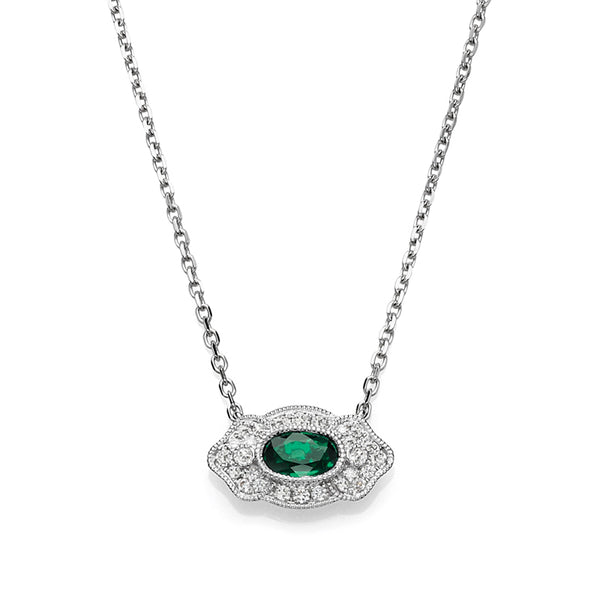 Oval Shaped Green Emerald Diamond Art Deco Solitaire Pendant Set (1/10 ct tw) In 14k White Gold - simonbjewels.co