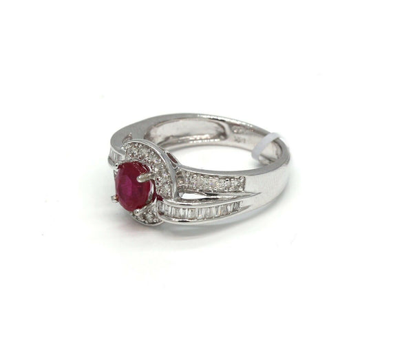 natural 1.00CT. round ruby and diamond ring with baguettes 18k white gold - simonbjewels.co