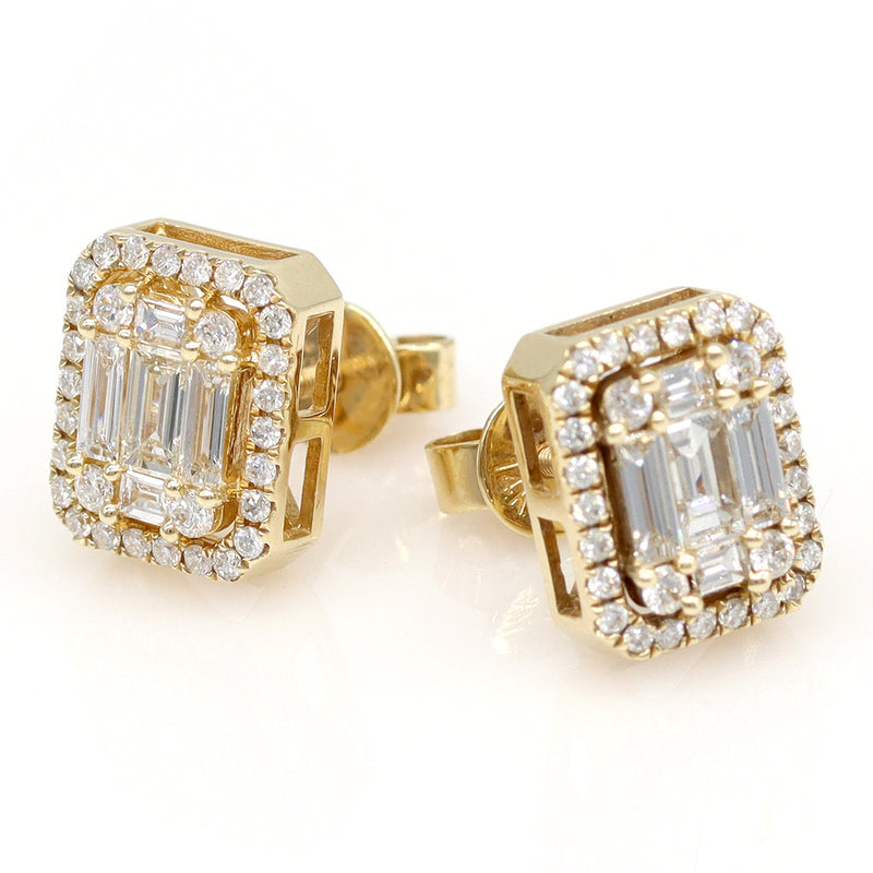 Round Natural Diamond Cluster Baguette Earrings in 14k Yellow Gold - simonbjewels.co